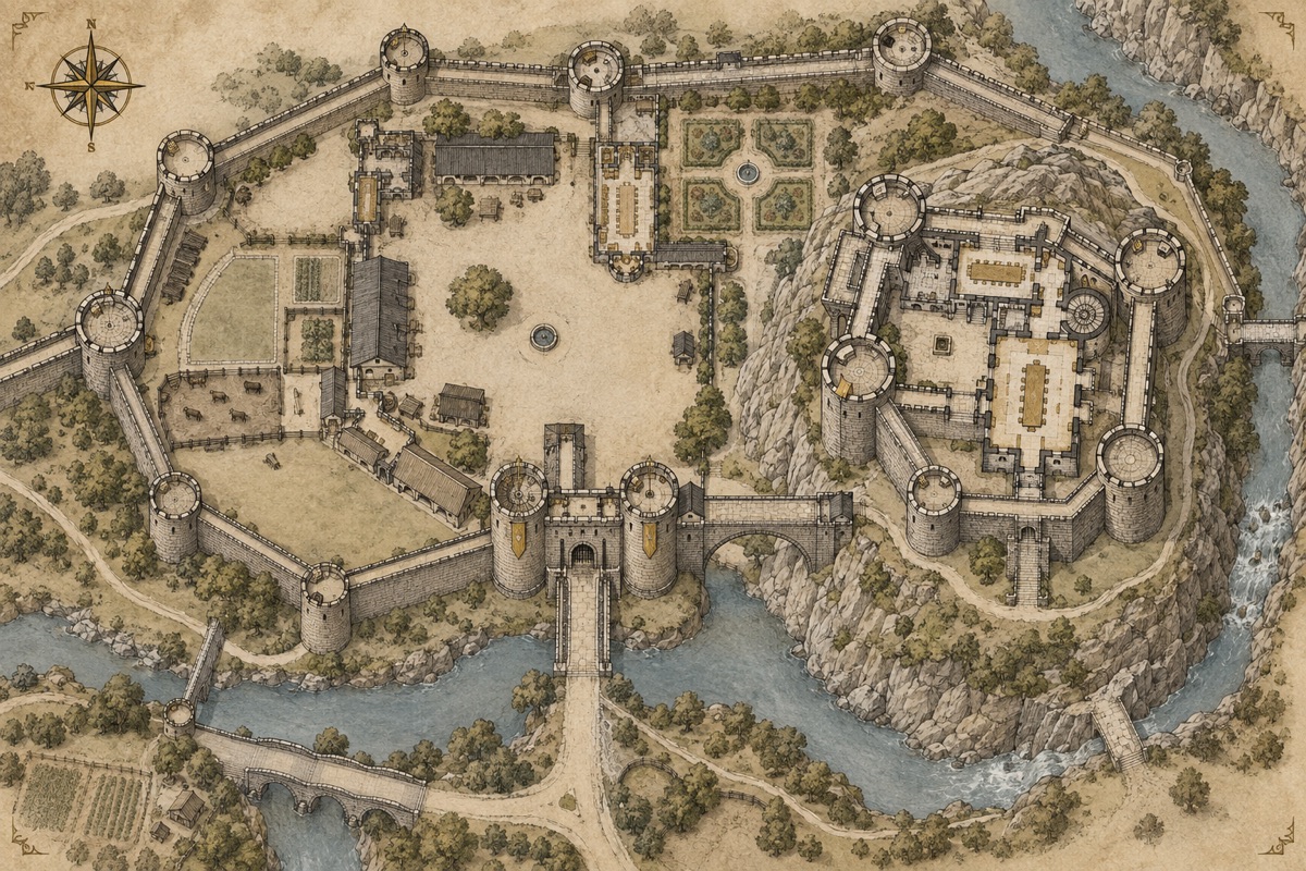 Original fantasy cartography illustration for castle map design guide: defensible and believable layouts