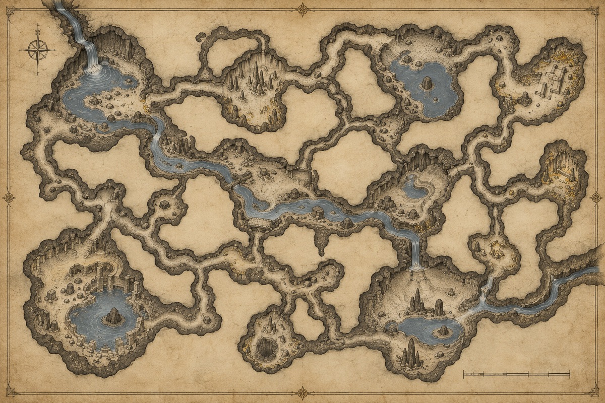 Original fantasy cartography illustration for cave map design guide: natural routes and chambers