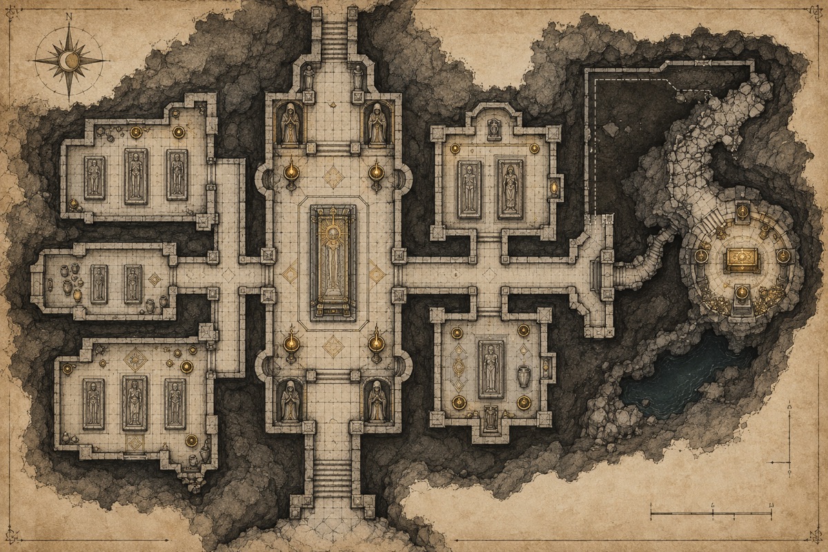 Original fantasy cartography illustration for crypt map design guide: atmosphere and clear structure