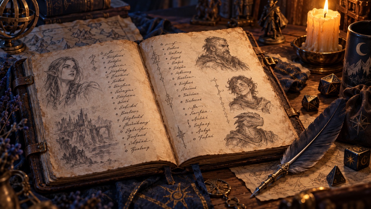 An open fantasy campaign journal with character sketches, name lists, dice and a candle