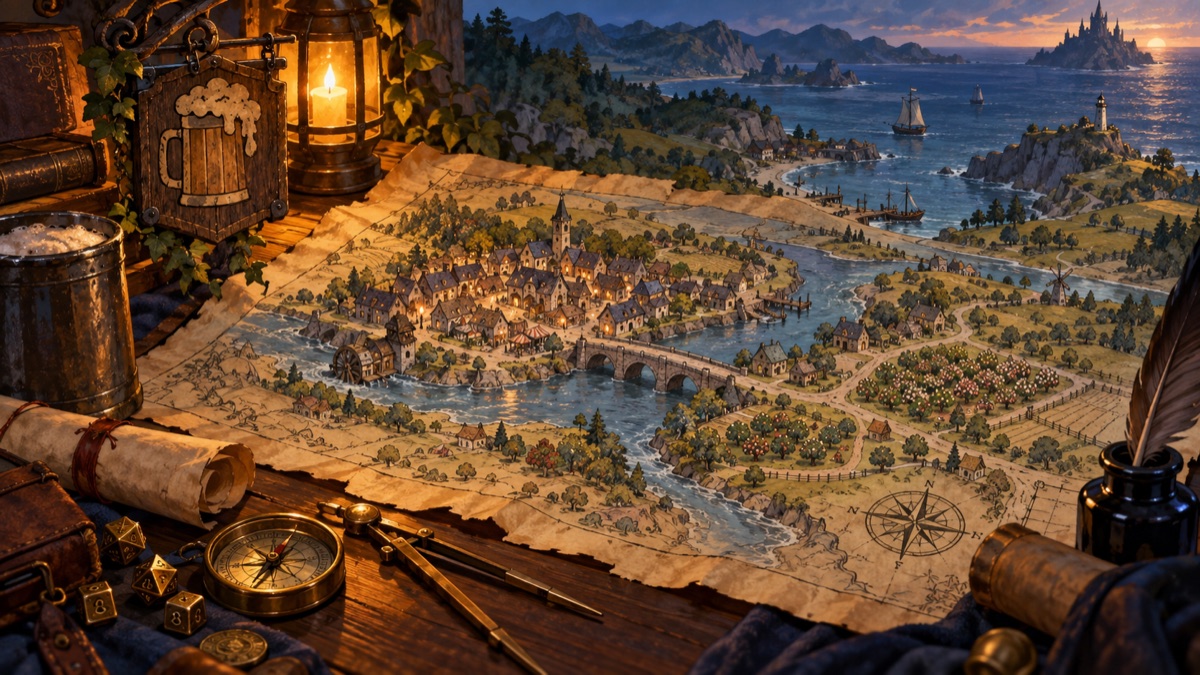 A hand-drawn fantasy riverside town map beside a lantern and tavern sign
