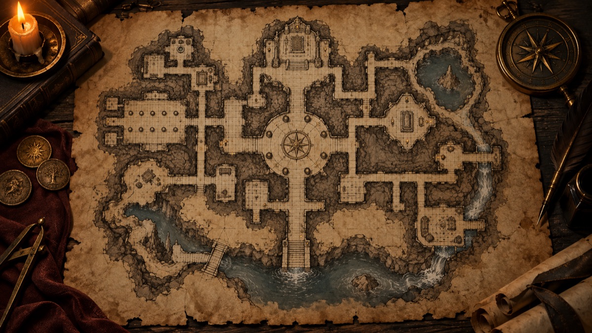 Original fantasy cartography illustration for how to create a dungeon map that plays well