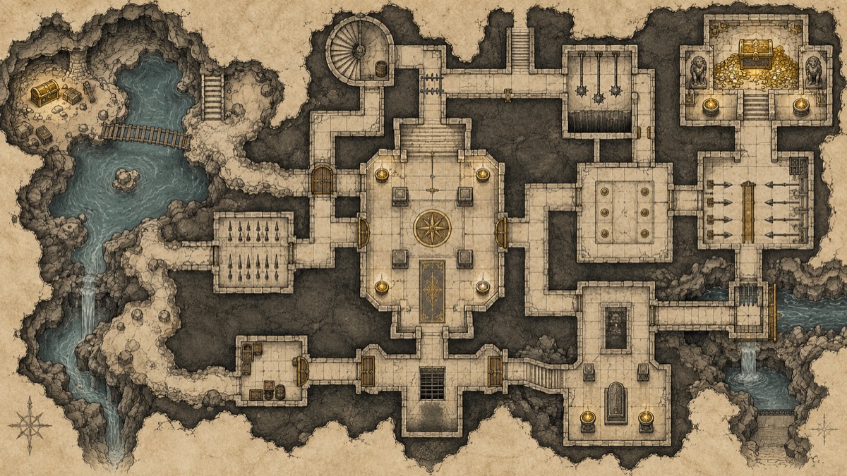 Original fantasy cartography illustration for dungeon map symbols explained: a practical legend