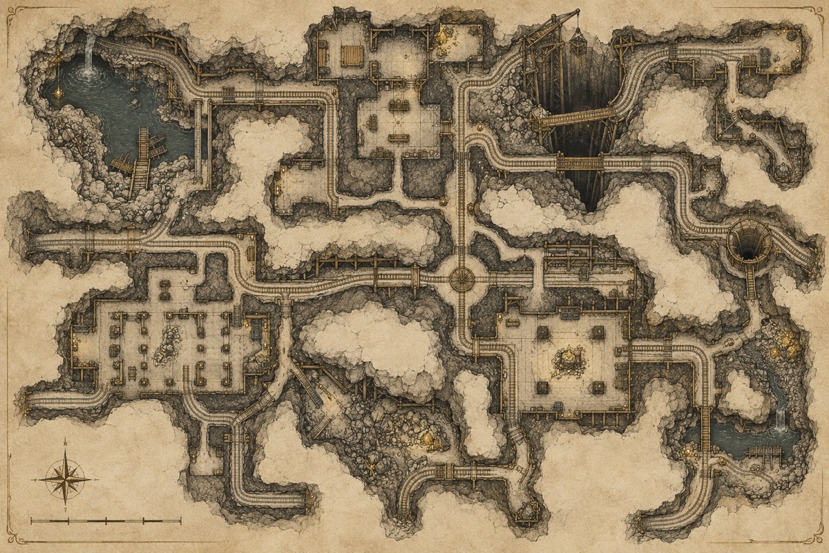Original fantasy cartography illustration for mine map design guide: workings and hidden risks