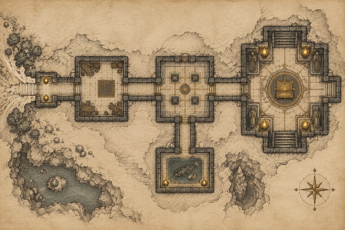 Original fantasy cartography illustration for how to build a one-shot dungeon