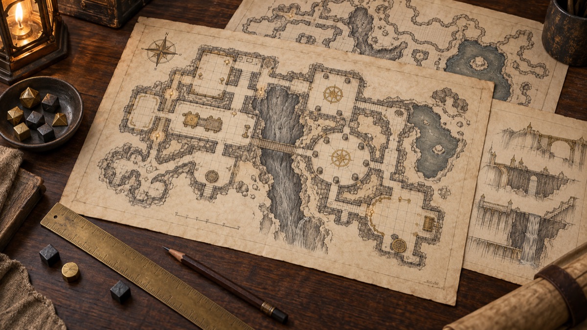 Original fantasy cartography illustration for how to make printable dungeon maps