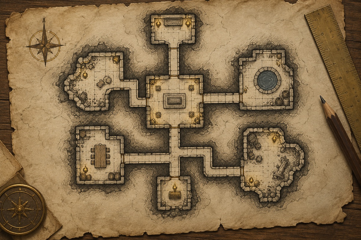 Original fantasy cartography illustration for how many rooms should a dungeon have?