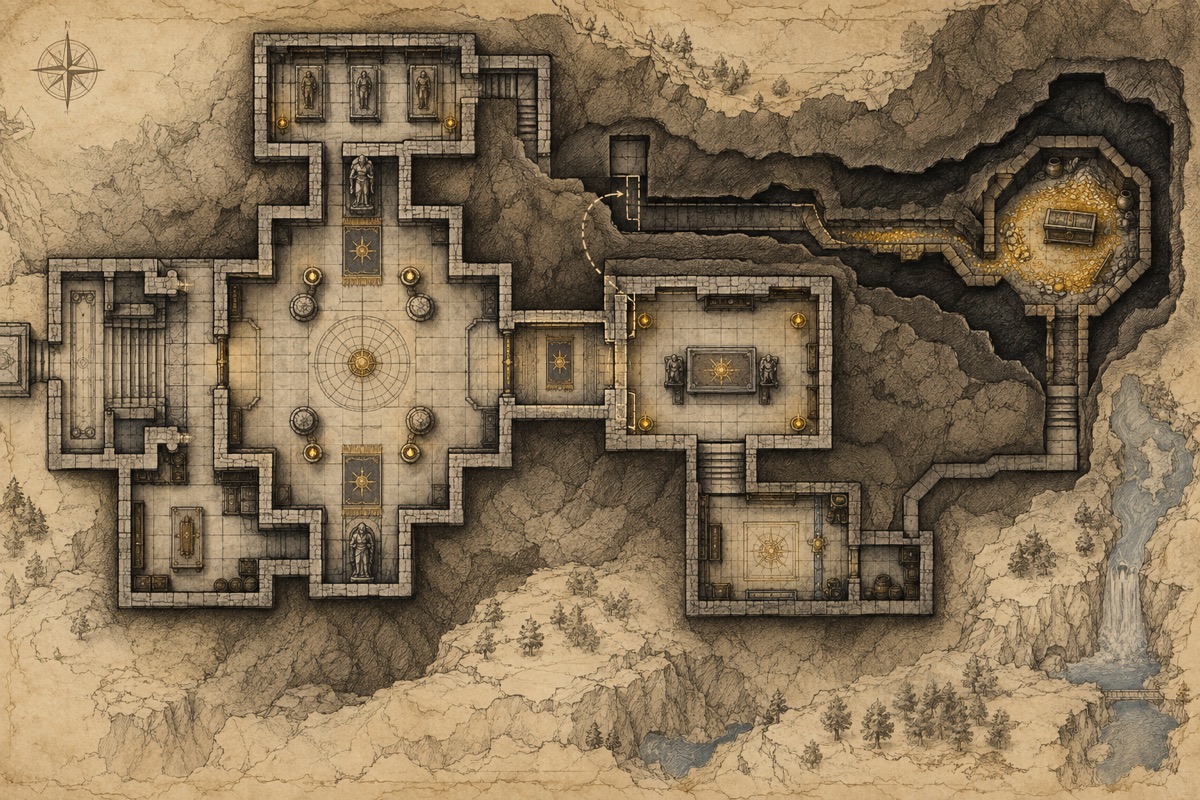 Original fantasy cartography illustration for how to design secret rooms and passages