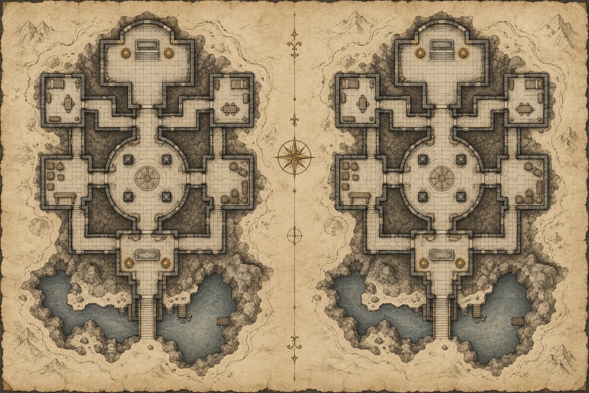 Original fantasy cartography illustration for seeded map generation: repeatable maps and share links