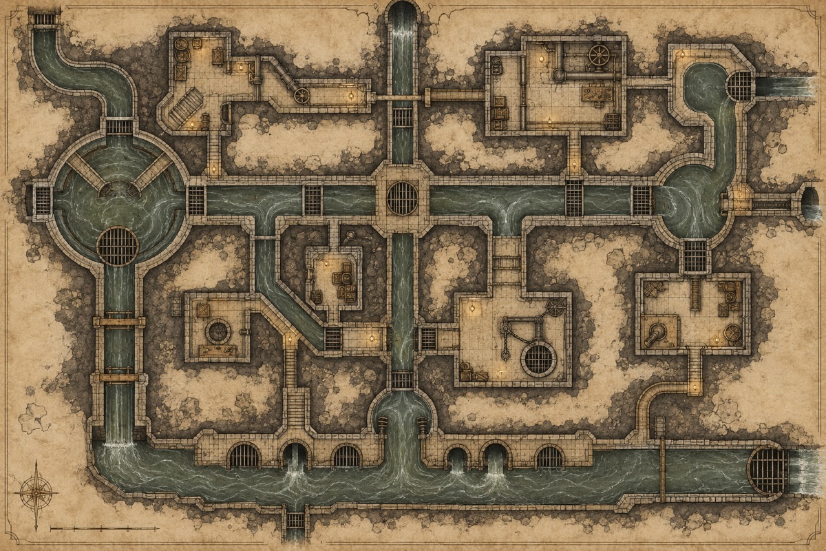 Original fantasy cartography illustration for sewer map design guide: channels, access, and loops