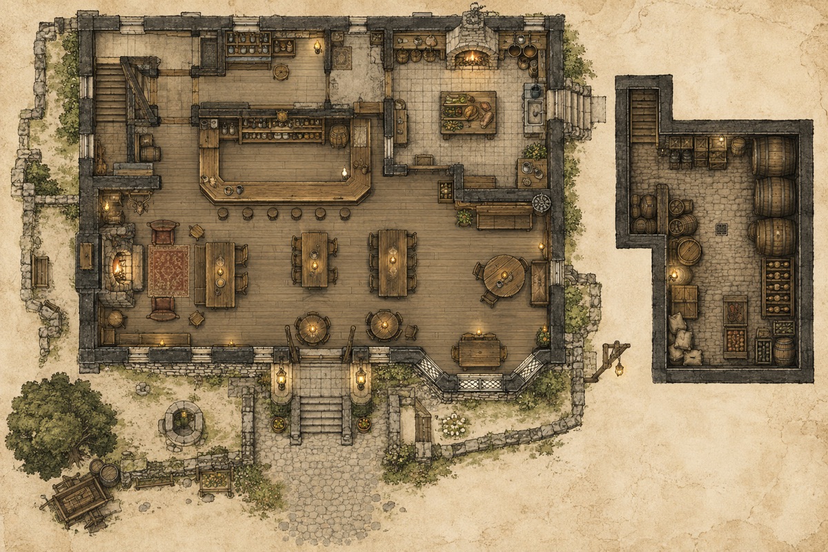 Original fantasy cartography illustration for tavern map design guide for social scenes