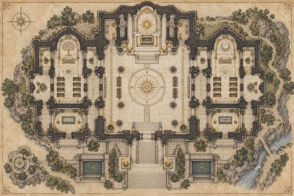 Original fantasy cartography illustration for temple map design guide: ritual space and movement