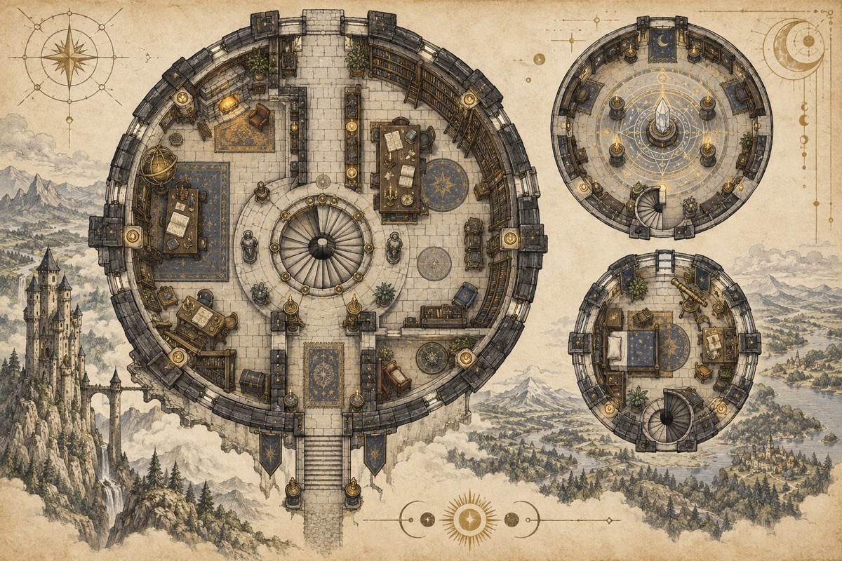 Original fantasy cartography illustration for wizard tower map design guide: compact vertical play