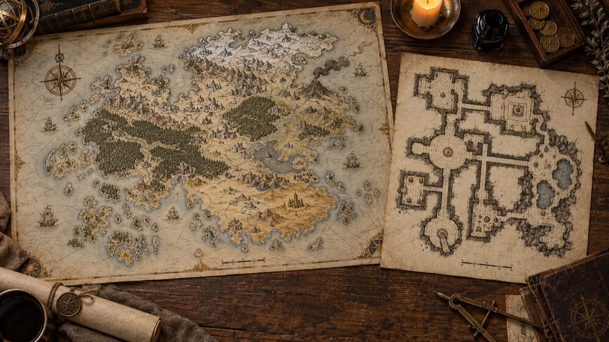 Original fantasy cartography illustration for world map vs dungeon map: choose the right scale