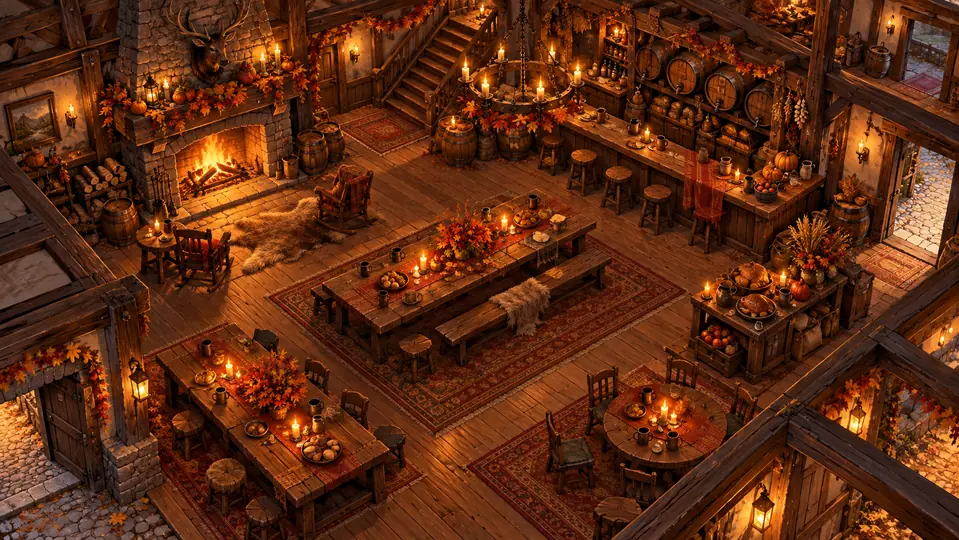 Decorative illustration of autumn tavern battle map