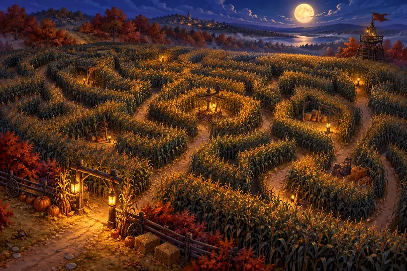 Decorative illustration of haunted corn maze battle map