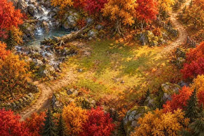 Decorative illustration of autumn forest clearing battle map