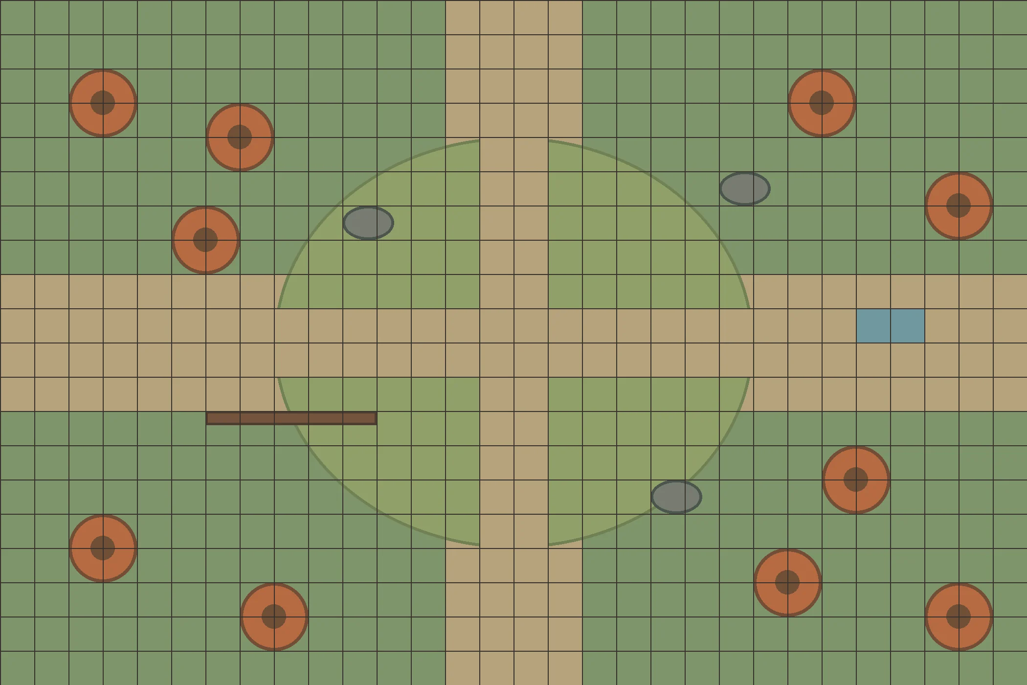 Player-safe autumn forest clearing battle map with a square grid