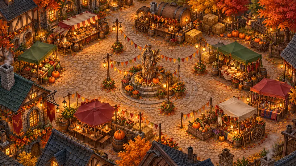 Decorative illustration of harvest festival market battle map