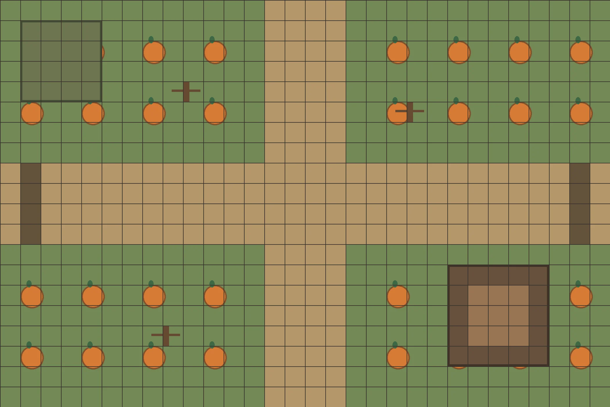 Player-safe pumpkin patch battle map with a square grid