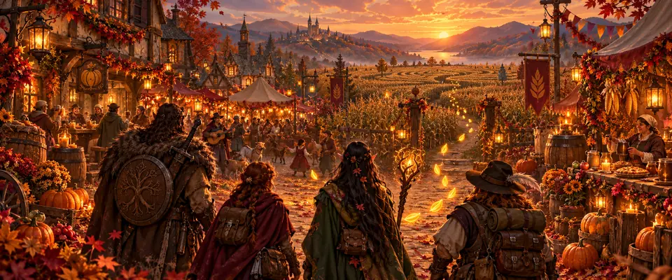 Illustration of an autumn fantasy harvest festival and a mysterious trail toward a cornfield